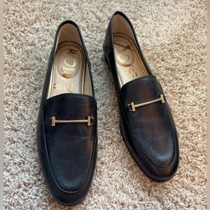 SAM EDELMAN Black Leather Gold Chain Detail Loafers Women 7.5M